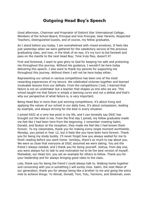 Outgoing Headboy Speech On The Graduation Ceremony