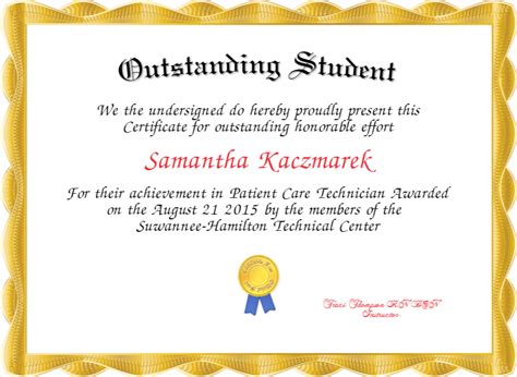 Outstanding Student Award Wording
