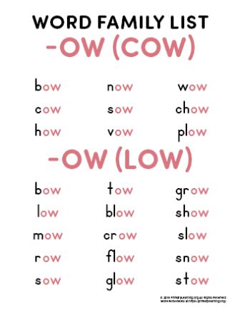 Ow Word Family List Primarylearning Org Ow Words Worksheet - Ow Words Worksheet