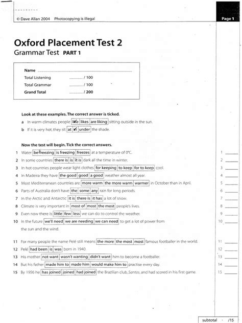 Oxford Placement Test Answer Key