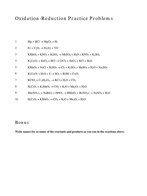 Oxidation And Reduction Practice With Answers