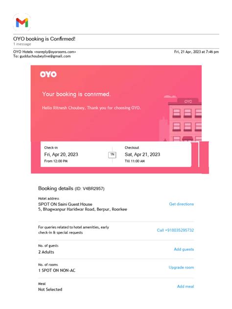 Oyo Booking Confirmation Message