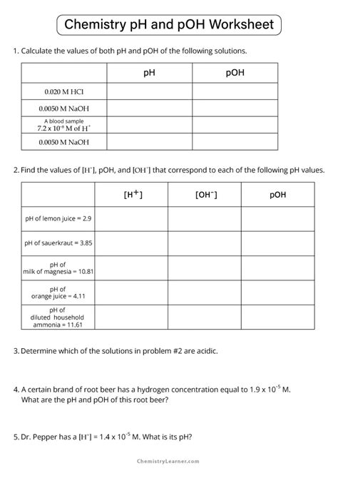pH and pOH Calculations Worksheet Worksheets Library