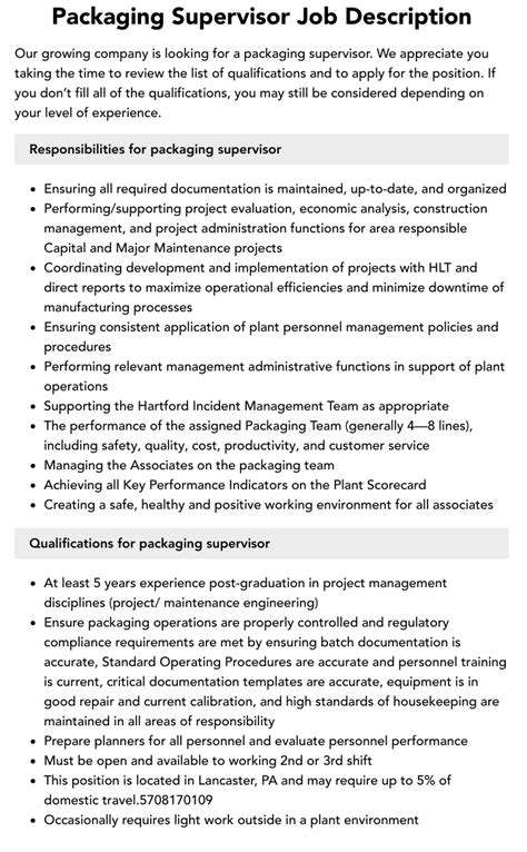 Packaging Development Supervisor Job Description