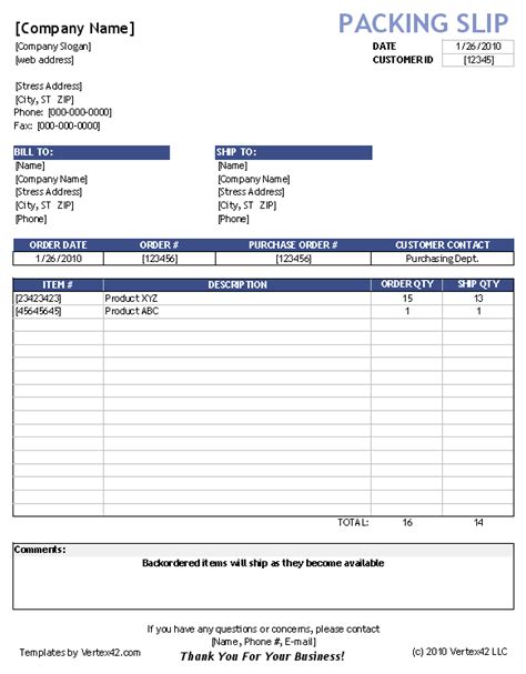 packing slip excel