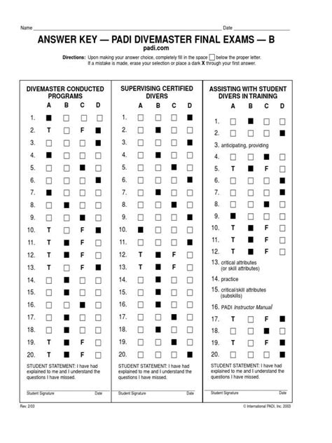 padi divemaster exam answer key