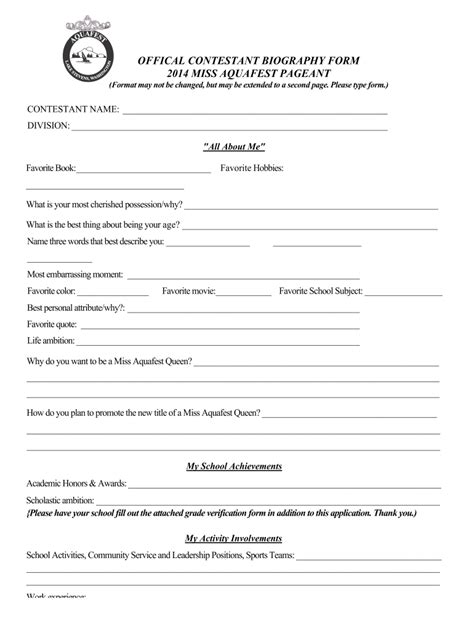 pageant biography form template