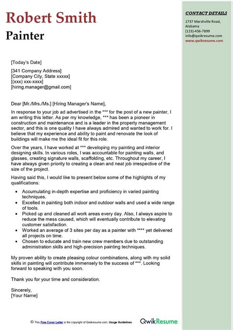 painter cover letter sample