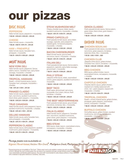 Panago Pizza Menu