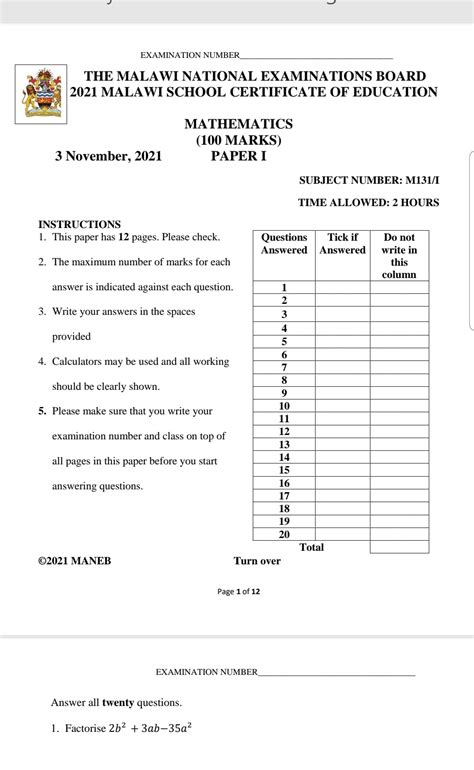 Download Paper 1 Mathematics Msce Maneb 