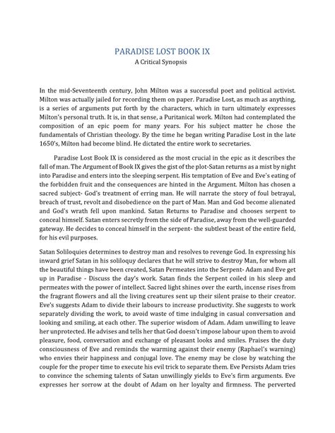 Paradise Lost 9 Critical Analysis