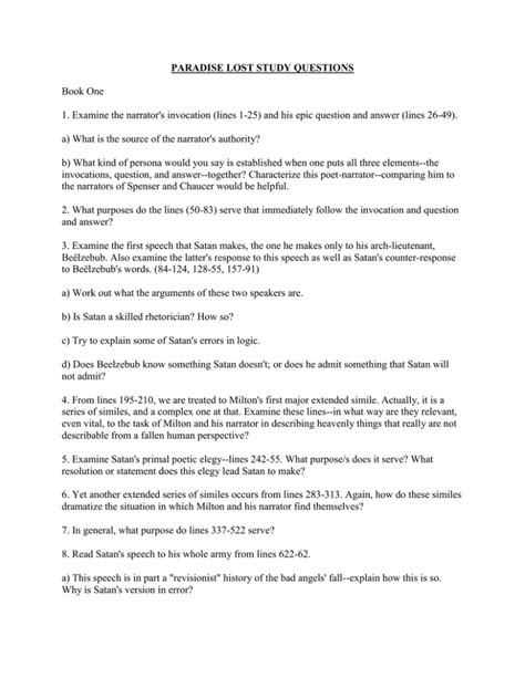 Paradise Lost Study Questions