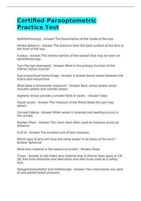 paraoptometric assistant practice test