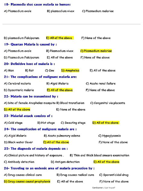 Parasitology Malaria Mcq
