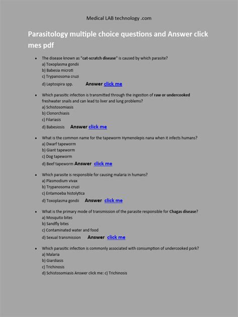 Parasitology Multiple Choice Questions And Answers