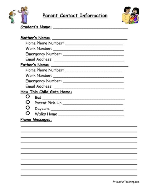 parent contact information form template