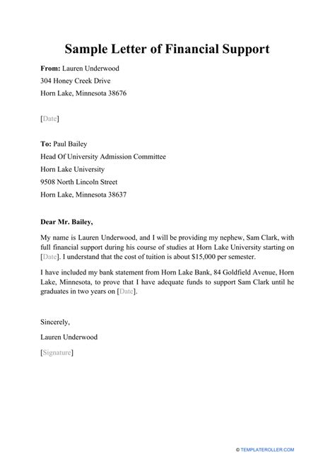 Parent Financial Support Letter Sample For Medicaid