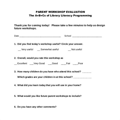 parent workshop evaluation form template