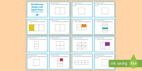 Partition Math Cards Partitioning Shapes Into Equal Areas Equal Areas And Fractions - Equal Areas And Fractions