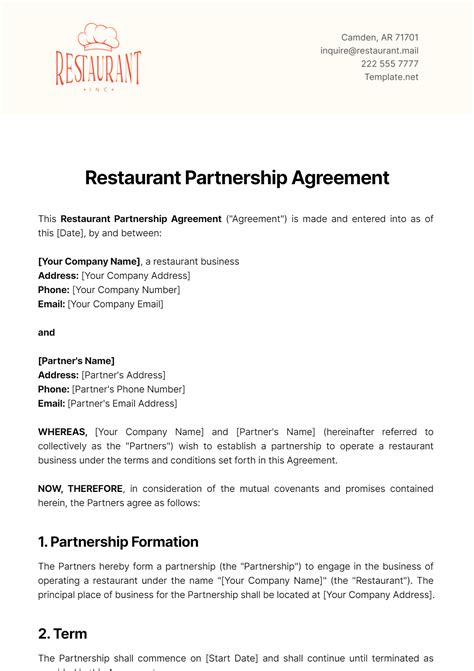 partnership agreement template restaurant