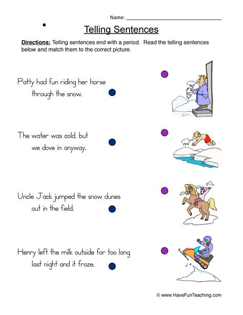 Parts Of Sentences Worksheets Telling Sentences Worksheet - Telling Sentences Worksheet