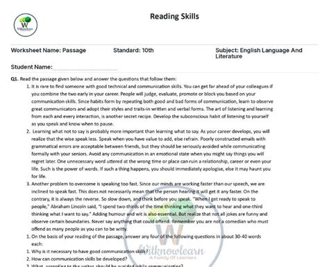 Passage Practice For Class 10