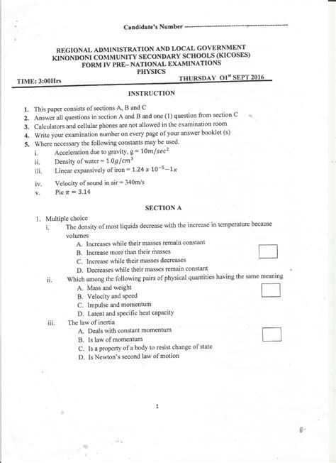 Download Past Paper National Examination Form Four 