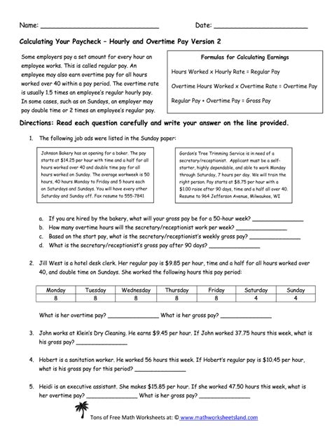 Paycheck Math Answer Key