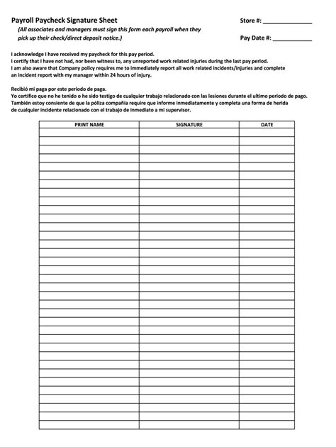 Paycheck Sign Off Sheet Template