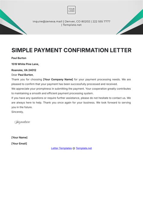 Payment Confirmation Letter