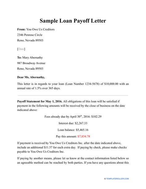 Payoff Letter Sample