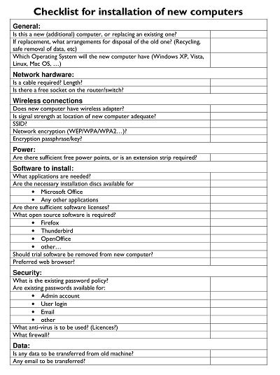 Pc Installation Checklist Template