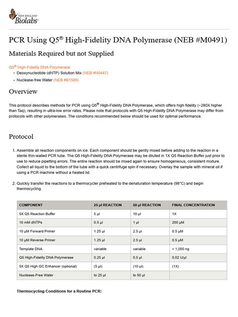 Pcr Using Q5 High Fidelity Dna Polymerase M0491 Neb
