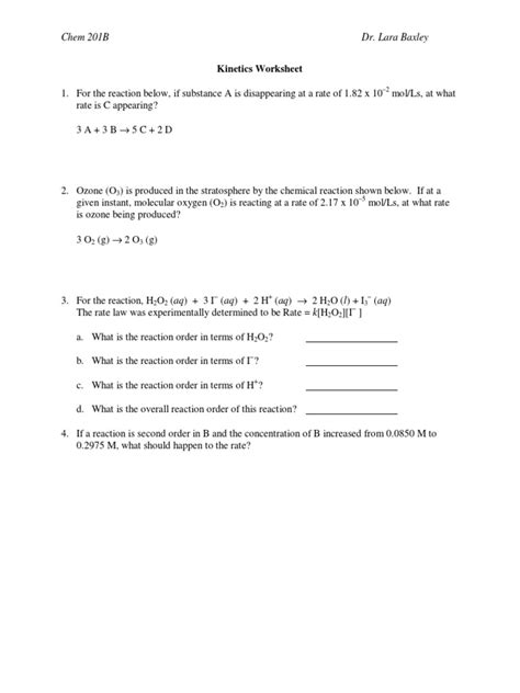 Pdf 201b Work 1 Kinetics Mrs Whitaker Chemical Kinetics Worksheet - Chemical Kinetics Worksheet