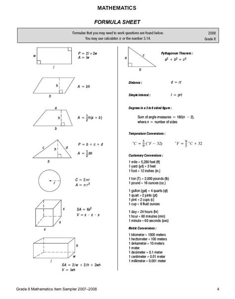Pdf 8th Grade Mathematics Formula Sheet Unit Conversions 8th Grade Math Formulas Chart - 8th Grade Math Formulas Chart