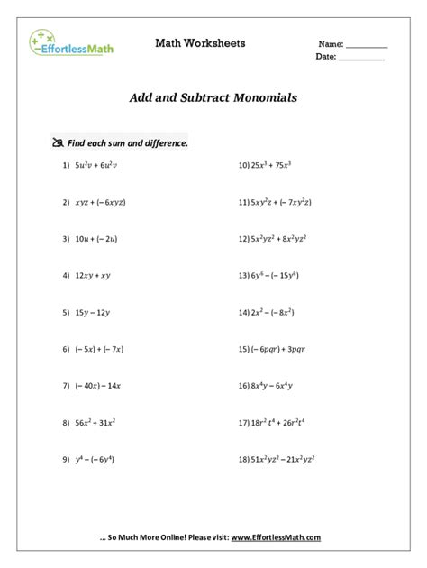 Pdf Add And Subtract Monomials Effortless Math Simplifying Monomials Worksheet - Simplifying Monomials Worksheet