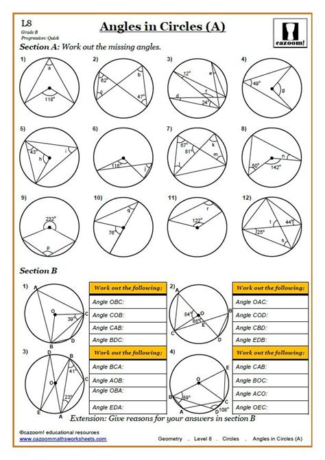 Pdf Angles In Circles A Cazoom Maths Worksheets Circle Angle Worksheet - Circle Angle Worksheet