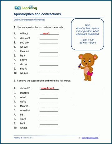 Pdf Apostrophes And Contractions K5 Learning Contractions Activities For Second Grade - Contractions Activities For Second Grade