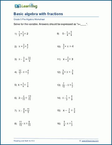 Pdf Basic Algebra K5 Learning Basic Algebra Worksheet With Answers - Basic Algebra Worksheet With Answers