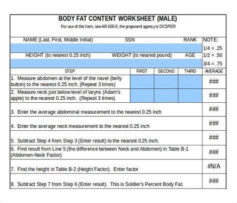 Pdf Body Fat Content Worksheet Male Army Publishing Body Composition Worksheet - Body Composition Worksheet