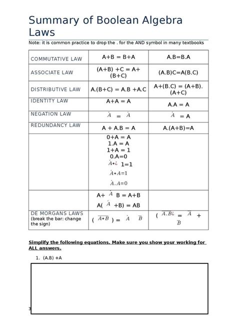 Pdf Boolean Algebra Worksheet 1 Boolean Algebra Worksheet - Boolean Algebra Worksheet