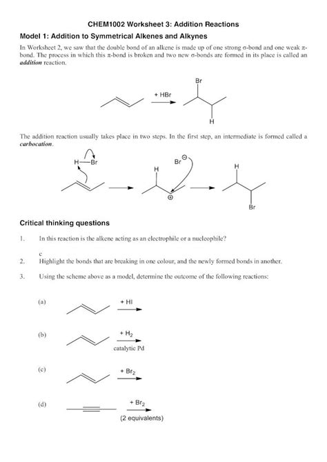 Pdf Chem1002 Worksheet 3 Addition Reactions Model 1 Alkene Reactions Worksheet With Answers - Alkene Reactions Worksheet With Answers