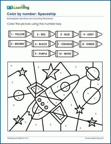 Pdf Color By Number Spaceship K5 Learning Color By Number Kindergarten Worksheet - Color By Number Kindergarten Worksheet