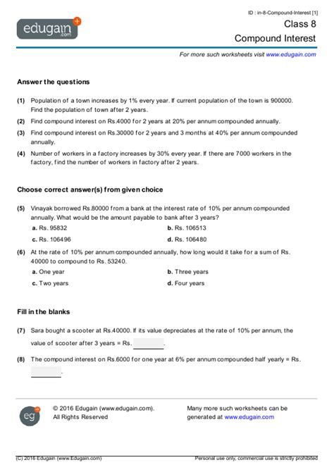Pdf Compound Interest Class 8 Edugain Math 8th Grade Compound Interest Worksheet - 8th Grade Compound Interest Worksheet