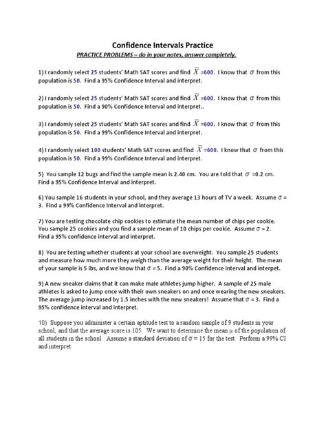 Pdf Confidence Intervals Practice Red Bank Regional High Confidence Interval Worksheet With Answers - Confidence Interval Worksheet With Answers