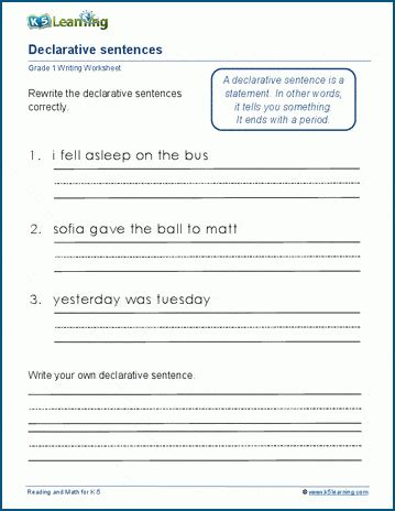 Pdf Declarative Sentences K5 Learning Declarative Sentence First Grade Worksheet - Declarative Sentence First Grade Worksheet