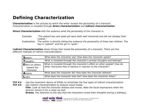 Pdf Defining Characterization Readwritethink Characterization Worksheet Middle School - Characterization Worksheet Middle School