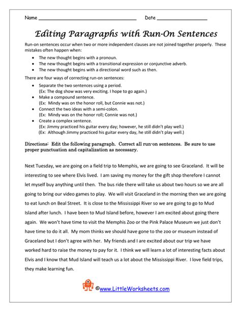 Pdf Editing Paragraphs With Run On Sentences Little Run On Worksheet - Run On Worksheet