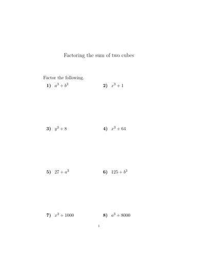 Pdf Factor The Sum And Difference Of Two Sum And Difference Of Cubes Worksheet - Sum And Difference Of Cubes Worksheet