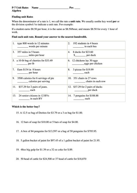 Pdf Find The Unit Rate Math 2017 2018 Unit Rates Worksheet With Answers - Unit Rates Worksheet With Answers